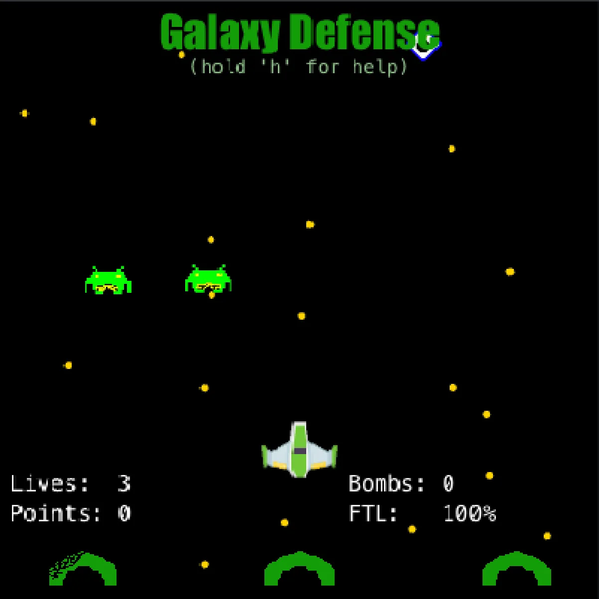Galaxy Defense running: the player's ship at the bottom, two green aliens descending, three green bunkers, and the lives, points, bombs and FTL readouts.
