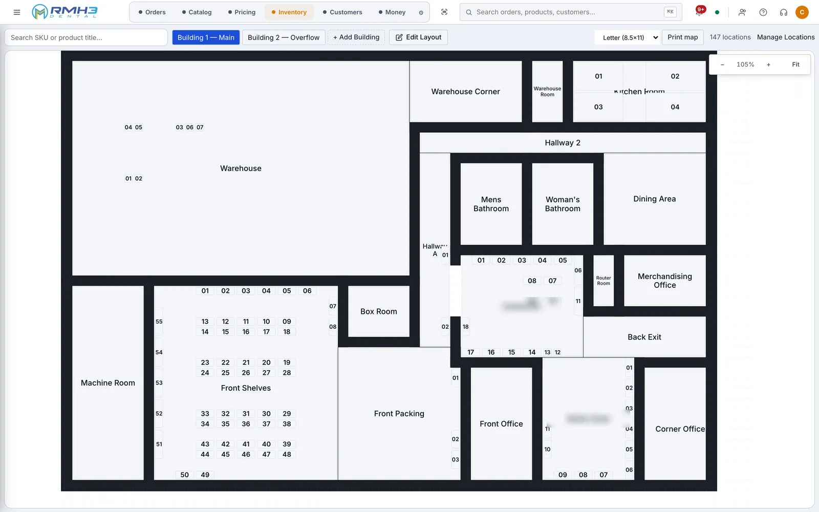 The ERP's warehouse map: a floor plan of the main building with named rooms and 147 numbered storage locations, a building switcher, a layout editor and a printable map.